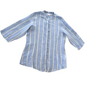 Island Company 100% Linen Button Up Top Blue Cream Striped XL Roll Tab Sleeve